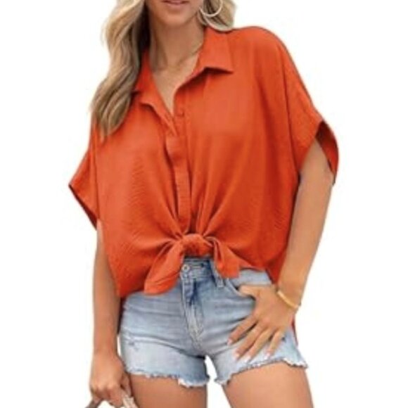 Large Button Short Sleeve Orange Blouse - Picture 1 of 4
